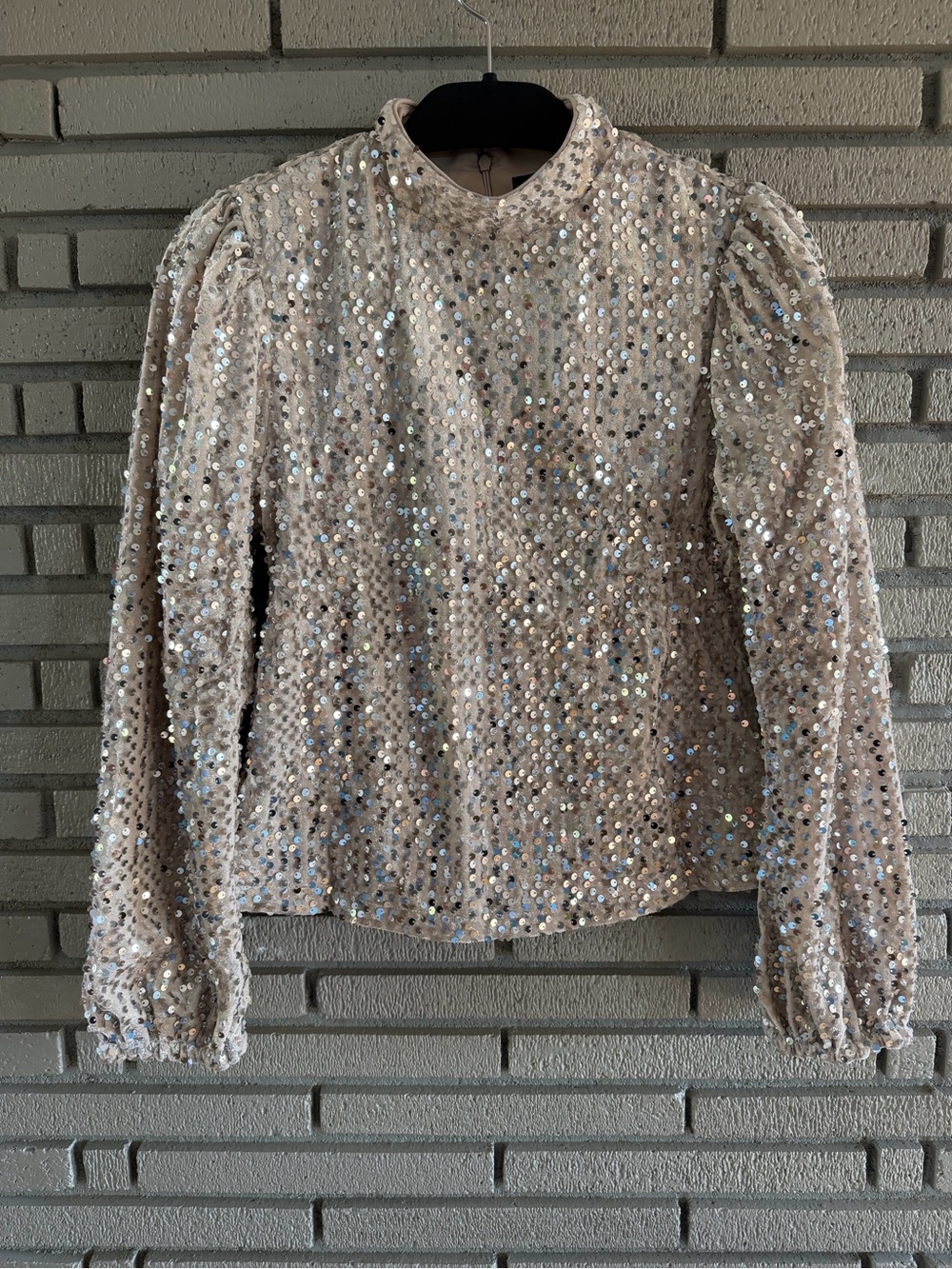 M Sequin Long-Sleeve Mock Neck Top in Beige